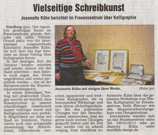 Wetterauer Zeitung über den Vortrag Kalligraphie der Künstlerin und Designerin Jeannette Kühn, JLK-Design