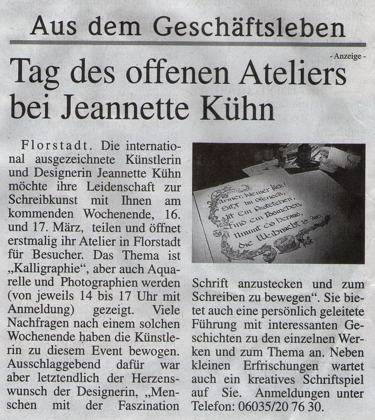 Zeitung Mittelhessen Bote über die Künstlerin und Designerin Jeannette Kühn, JLK-Design